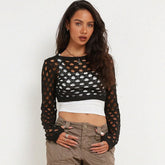 Street Style Distressed Detail Crew Neck Long Sleeve Open Knit Crop Top